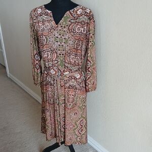 AUW Green and Brown Paisley Long Sleeve Dress